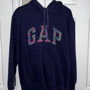 GAP Men's Dark Blue Hoodie with Plaid Logo